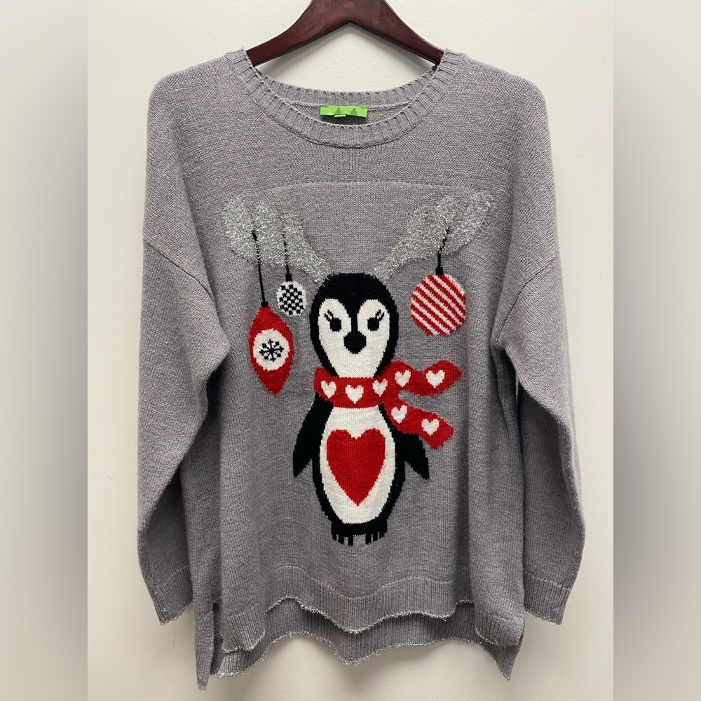 Gray Christmas Penguin Sweater Size 1x